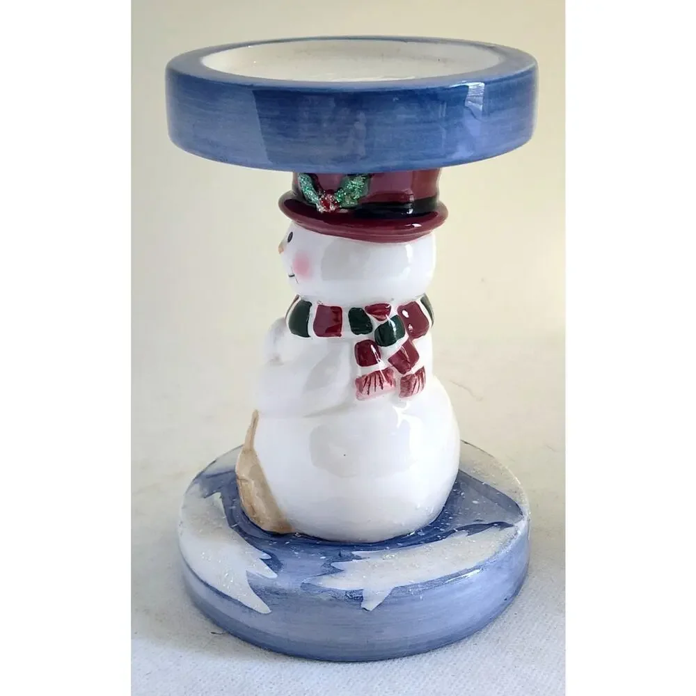Home Interiors Snowman Pillar Candle Holder Ceramic Christmas Winter Decor 6